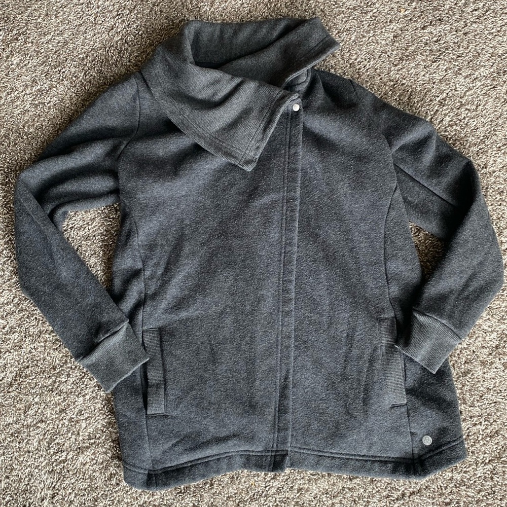 Zella Gray Cowl Neck Snap Closure Open Front Sweatshirt, Thumbholes, Women’s M